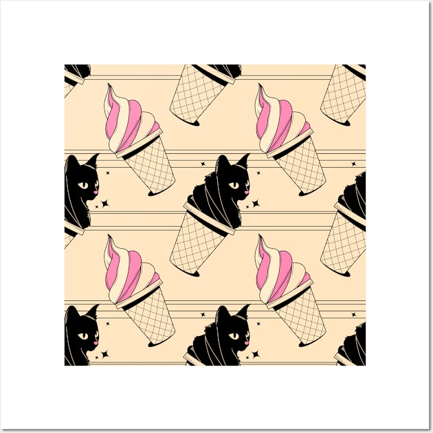 Ice Cream Black Cat Pattern in beige Wall Art by The Charcoal Cat Co.